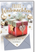Weihnachtskarte Traditionell – Rotes Geschenk mit Herzanhänger und Sternendekor