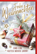 Weihnachtskarte Traditionell – Rotes Geschenk mit Schneeflocken und Tannenzweig