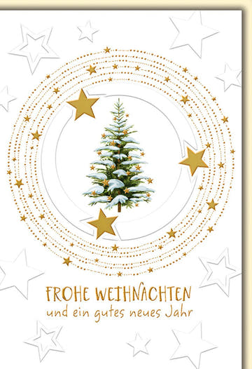 Weihnachtskarte Traditionell – Schneebedeckter Tannenbaum mit Goldsternen und Sternenhimmel