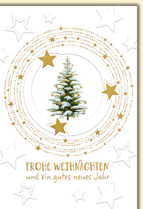 Weihnachtskarte Traditionell – Schneebedeckter Tannenbaum mit Goldsternen und Sternenhimmel