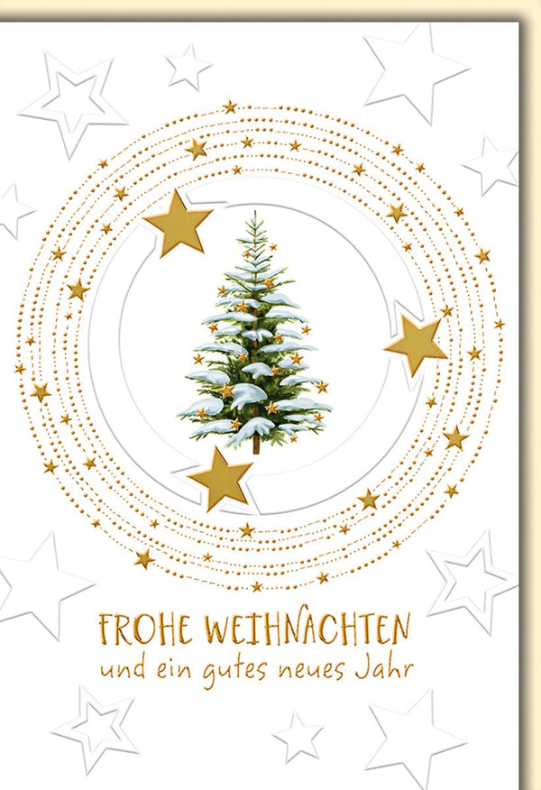 Weihnachtskarte Traditionell – Schneebedeckter Tannenbaum mit Goldsternen und Sternenhimmel