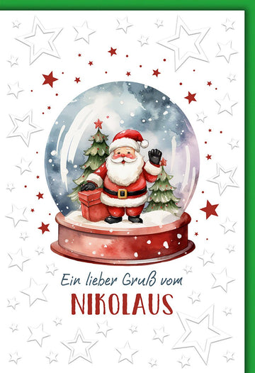Weihnachtskarte Traditionell – Schneekugel mit Nikolaus und Tannenbäumen in Aquarell