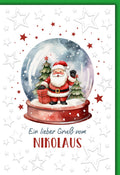 Weihnachtskarte Traditionell – Schneekugel mit Nikolaus und Tannenbäumen in Aquarell