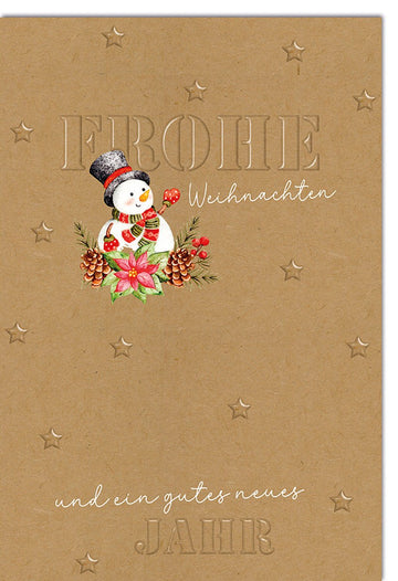 Weihnachtskarte Traditionell – Schneemann mit Zapfen auf Kraftpapier und Sternenprägung