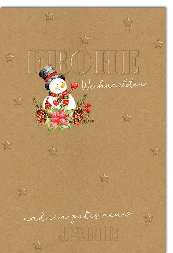 Weihnachtskarte Traditionell – Schneemann mit Zapfen auf Kraftpapier und Sternenprägung