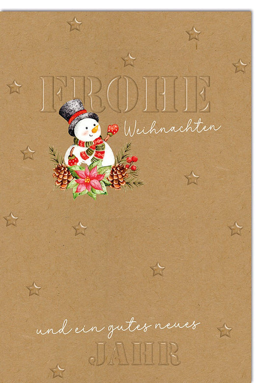Weihnachtskarte Traditionell – Schneemann mit Zapfen auf Kraftpapier und Sternenprägung