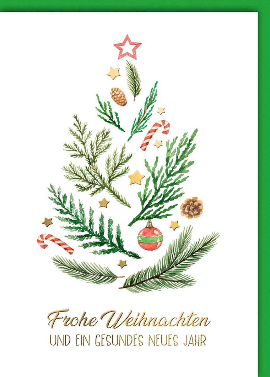 Weihnachtskarte Traditionell – Tannenbaum aus Zweigen mit Zuckerstangen und Sternen