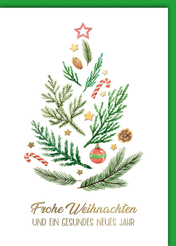 Weihnachtskarte Traditionell – Tannenbaum aus Zweigen mit Zuckerstangen und Sternen