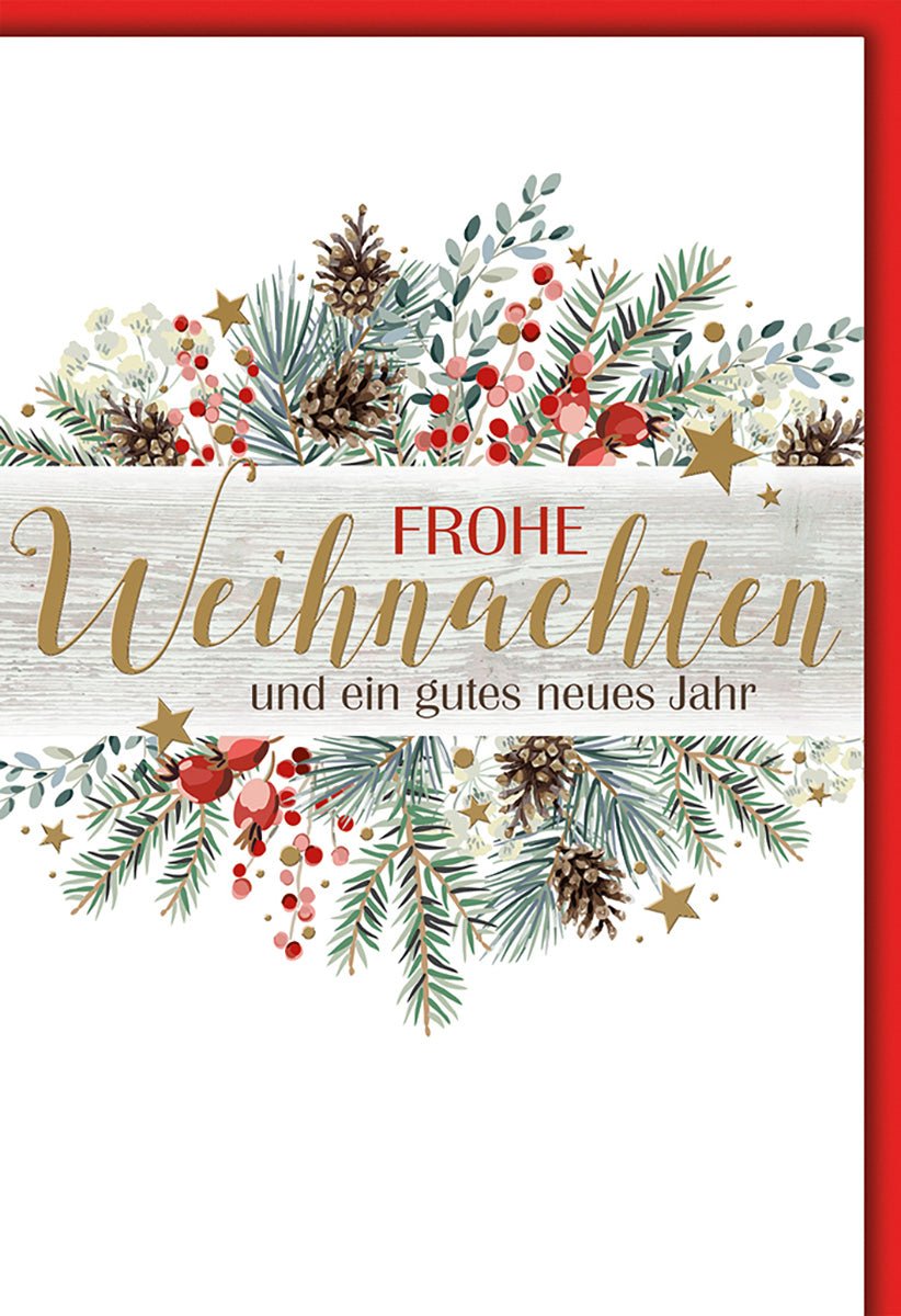 Weihnachtskarte Traditionell – Tannenzweige mit Zapfen und Goldakzenten auf Holzoptik