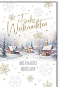Weihnachtskarte Traditionell – Winterdorf mit Kirche und goldenen Schneeflocken