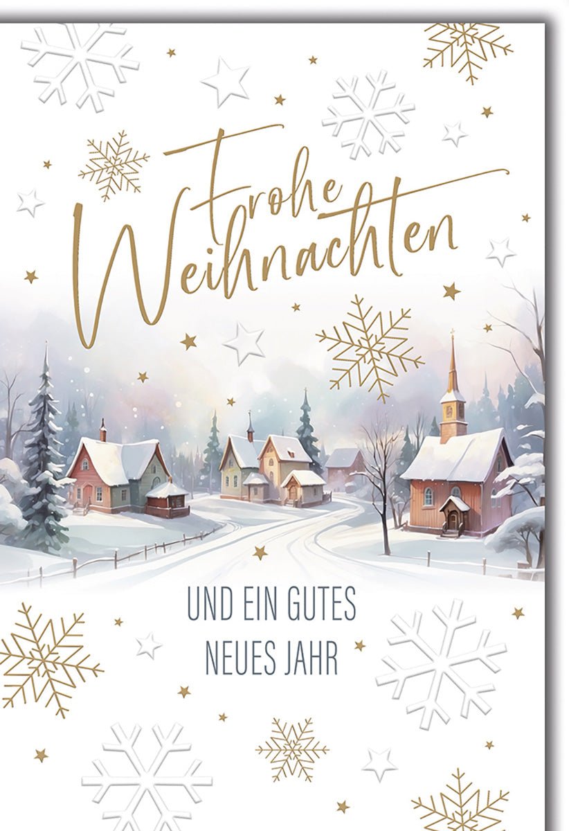 Weihnachtskarte Traditionell – Winterdorf mit Kirche und goldenen Schneeflocken