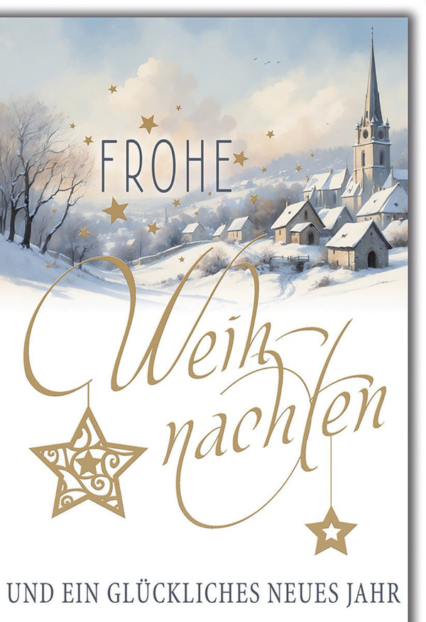 Weihnachtskarte Traditionell – Winterdorf mit Kirche und goldenen Sternen im Schnee