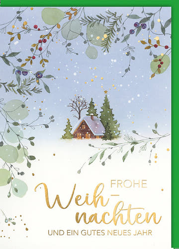 Weihnachtskarte Traditionell – Winterhütte im Wald mit Goldakzenten und Schneefall