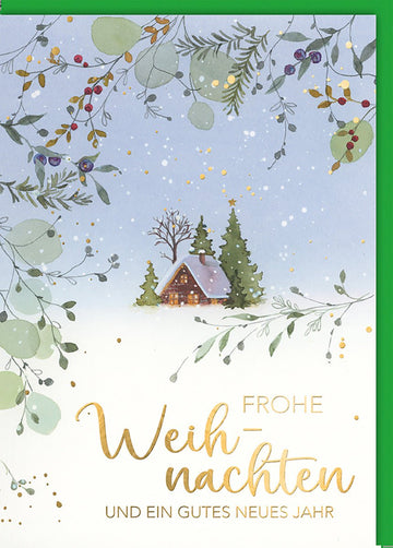 Weihnachtskarte Traditionell – Winterhütte im Wald mit Goldakzenten und Schneefall