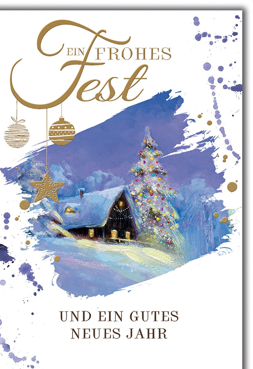 Weihnachtskarte Traditionell – Winterlandschaft mit Hütte und Lichterbaum in Aquarell