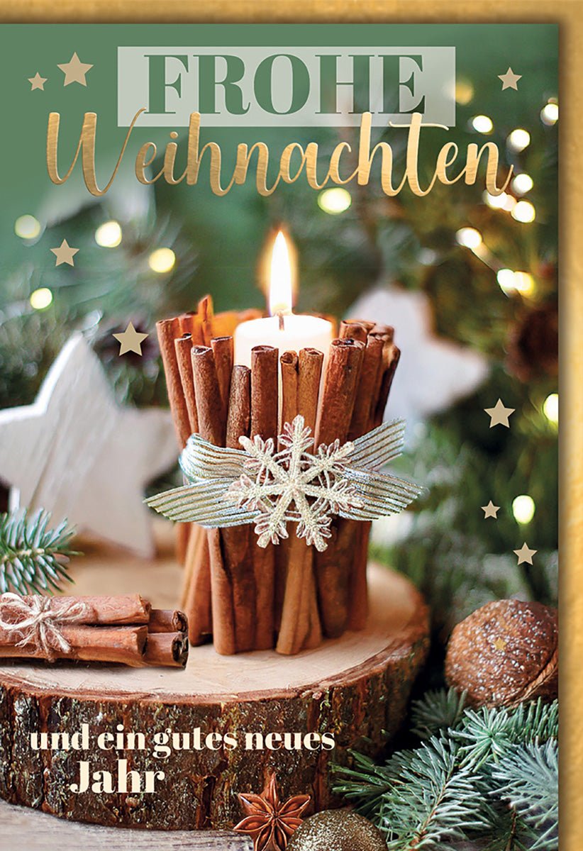 Weihnachtskarte Traditionell – Zimtkerze mit Schneeflocke und Tannenzweigen