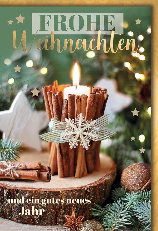 Weihnachtskarte Traditionell – Zimtkerze mit Schneeflocke und Tannenzweigen