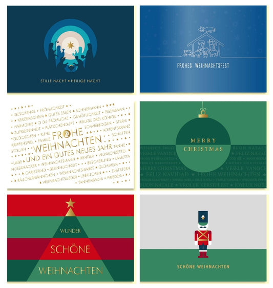 Weihnachtskarten - Set "Edle Festgrüße" - 6 hochwertige Doppelkarten mit festlichen Designs und Umschlägen