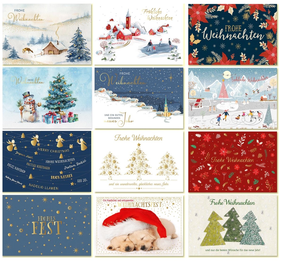 Weihnachtskarten Set Frohe Weihnachten 12 hochwertige Grußkarten mit Goldfolie und Umschlägen