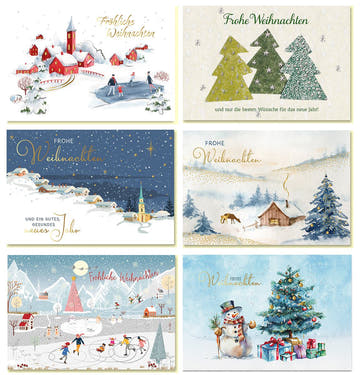 Weihnachtskarten - Set "Winterzauber" - 6 hochwertige Doppelkarten mit Aquarell - Designs und Umschlägen