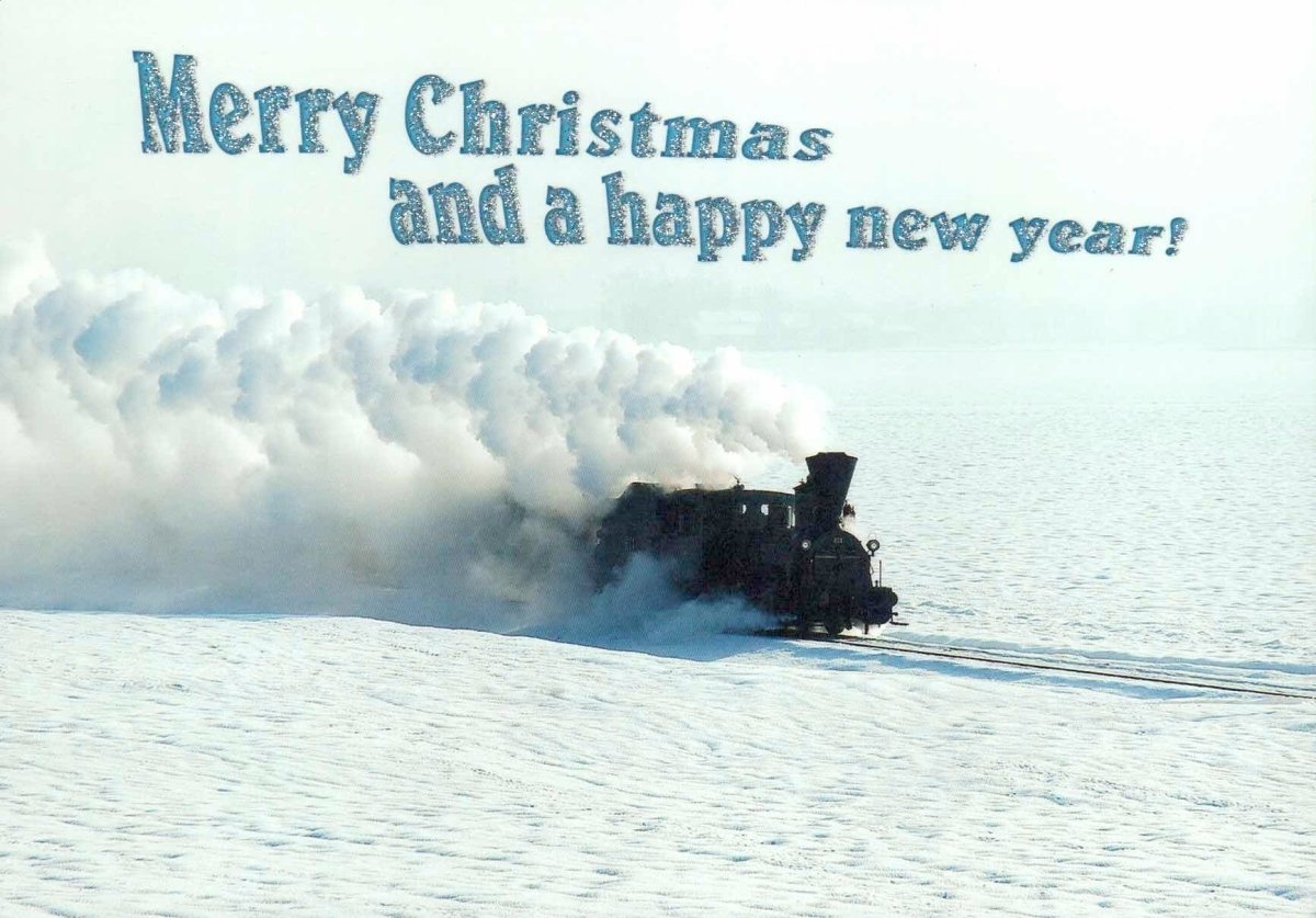 Weihnachtspostkarte: Eisenbahn im Schnee - Frohe Weihnachten und festliche Grüße