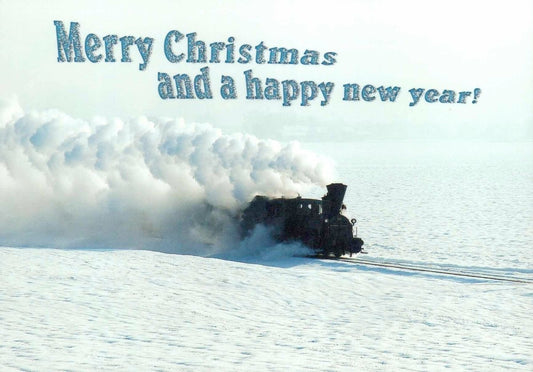 Weihnachtspostkarte: Eisenbahn im Schnee - Frohe Weihnachten und festliche Grüße