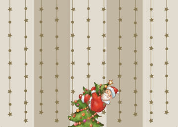Weihnachtspostkarte: Eleganter Weihnachtsmann mit Goldfolie am Tannenbaum