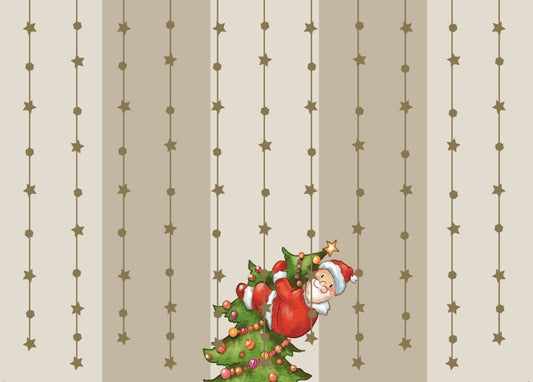 Weihnachtspostkarte: Eleganter Weihnachtsmann mit Goldfolie am Tannenbaum