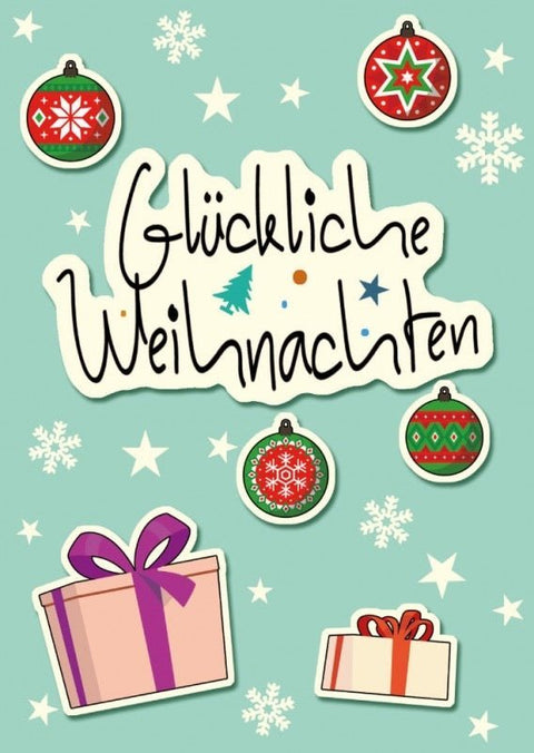 Weihnachtspostkarte: Festliche Grüße mit Geschenken und Kugeln für frohe Weihnachten