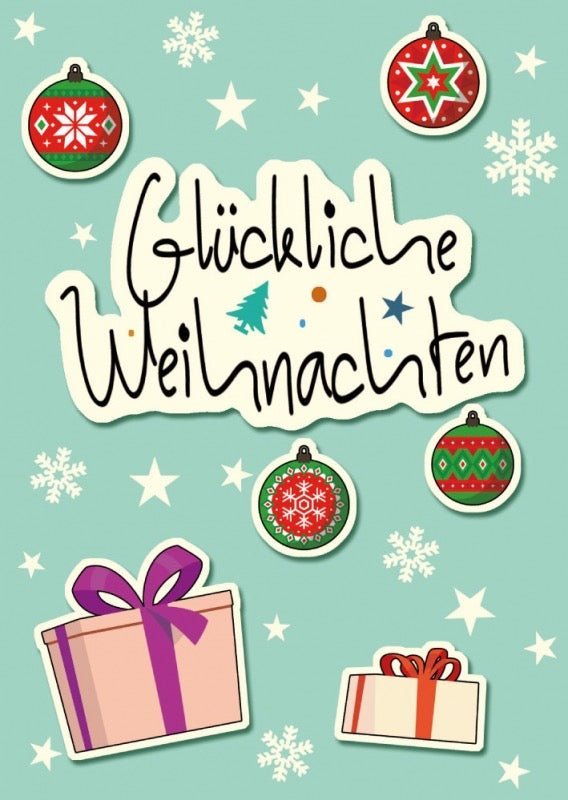 Weihnachtspostkarte: Festliche Grüße mit Geschenken und Kugeln für frohe Weihnachten
