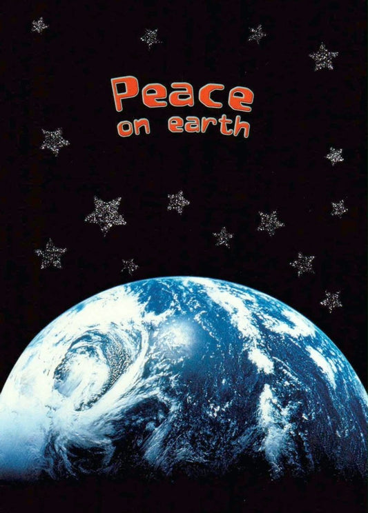 Weihnachtspostkarte: Frieden auf Erden mit Sternen und Planeten Design