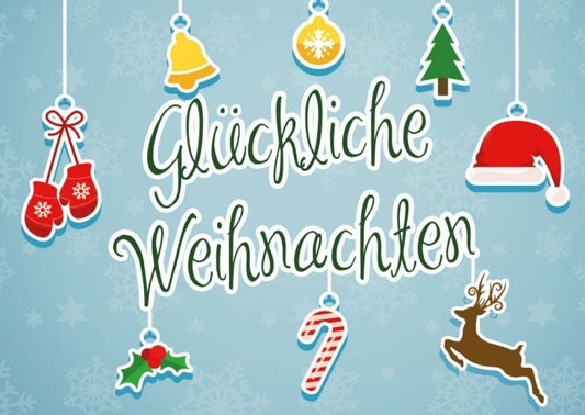 Weihnachtspostkarte: Frohe Festtage auf blauem Hintergrund