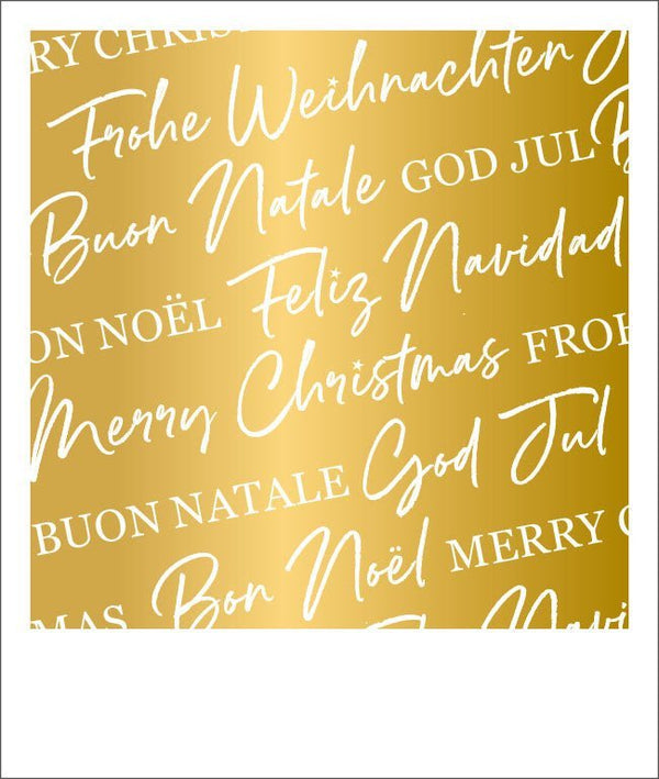 Weihnachtspostkarte Frohe Weihnachten in Goldfolie, mehrsprachig gestaltet für festliche Grüße