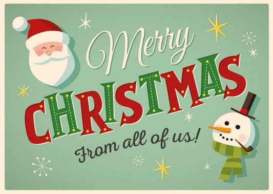 Weihnachtspostkarte: Fröhliche Grüße vom Schneemann und Weihnachtsmann! Merry Christmas!