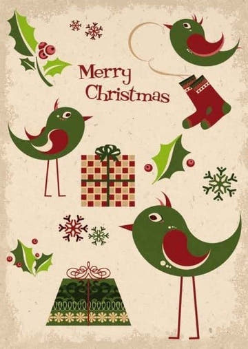 Weihnachtspostkarte: Fröhliche Vögel mit Geschenken - Merry Christmas Illustration