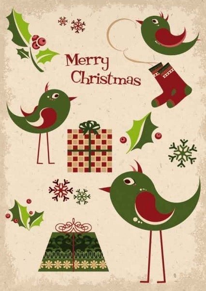 Weihnachtspostkarte: Fröhliche Vögel mit Geschenken - Merry Christmas Illustration