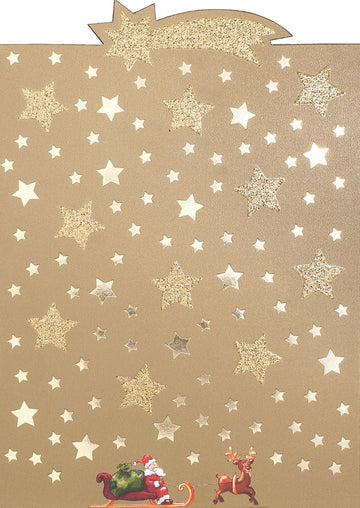 Weihnachtspostkarte: Glänzender Komet, Rentierschlitten & Sternenhimmel in festlichem Gold, Rot und Grün