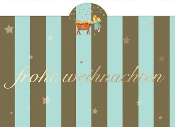 Weihnachtspostkarte: Himmlischer Engel an der Krippe