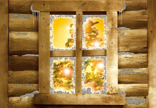 Weihnachtspostkarte Holzfenster - Besinnliche Grüße zu Weihnachten senden