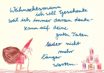 Weihnachtspostkarte: Humorvolle Wunschliste mit Weihnachtsmann & Geschenken in Rot - Blau für Kinder