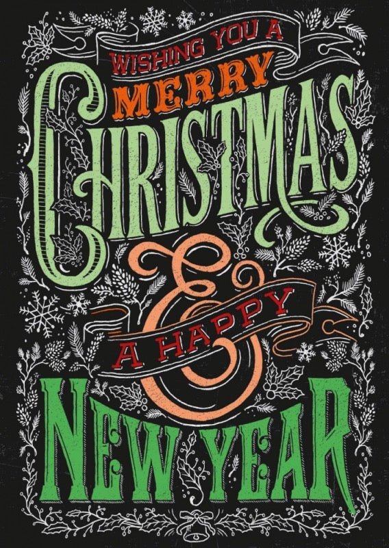 Weihnachtspostkarte im Retro Vintage Design – Festlicher Schriftzug mit Tannenzweigen & Beeren in Schwarz, Grün & Rot