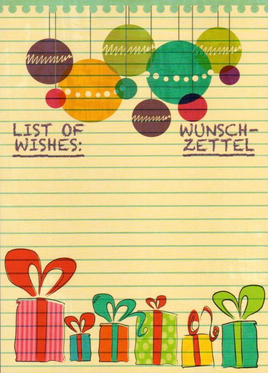 Weihnachtspostkarte im Wunschzettel - Stil mit Retro - Kugeln und farbenfrohem Linienpapier - Look