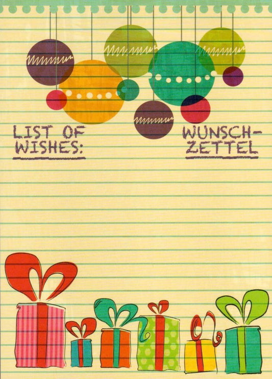 Weihnachtspostkarte im Wunschzettel - Stil mit Retro - Kugeln und farbenfrohem Linienpapier - Look