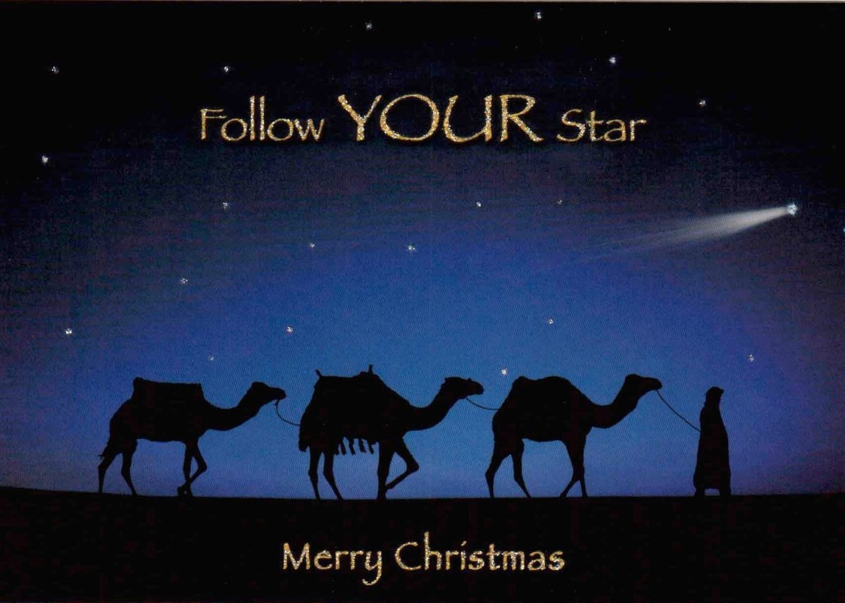 Weihnachtspostkarte: Kamele & Sternschnuppe im Nachthimmel – Festliche Grüße voller Frieden & Ruhe, Merry Christmas Silhouette