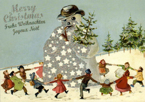 Weihnachtspostkarte: Kinder tanzen fröhlich um riesigen Weihnachtsmann
