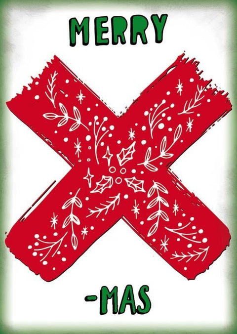 Weihnachtspostkarte "Merry X - mas" – Festliches Design mit Schnee, Tannenzweigen & Beeren in Rot - Grün für winterliche Grüße