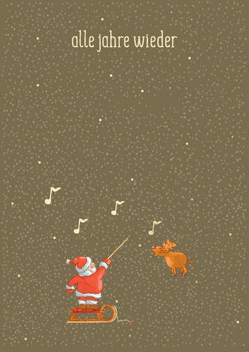 Weihnachtspostkarte mit Goldakzenten: Musiknoten, Schneeflocken & festlicher Weihnachtsmann mit Rentier und Schlitten