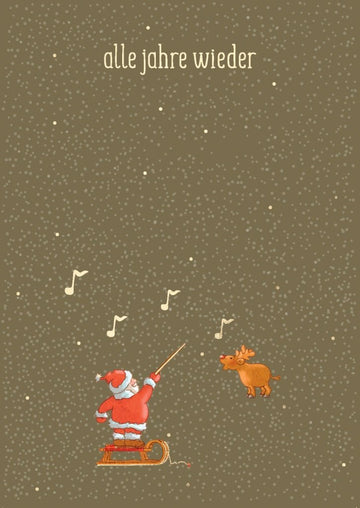 Weihnachtspostkarte mit Goldakzenten: Musiknoten, Schneeflocken & festlicher Weihnachtsmann mit Rentier und Schlitten