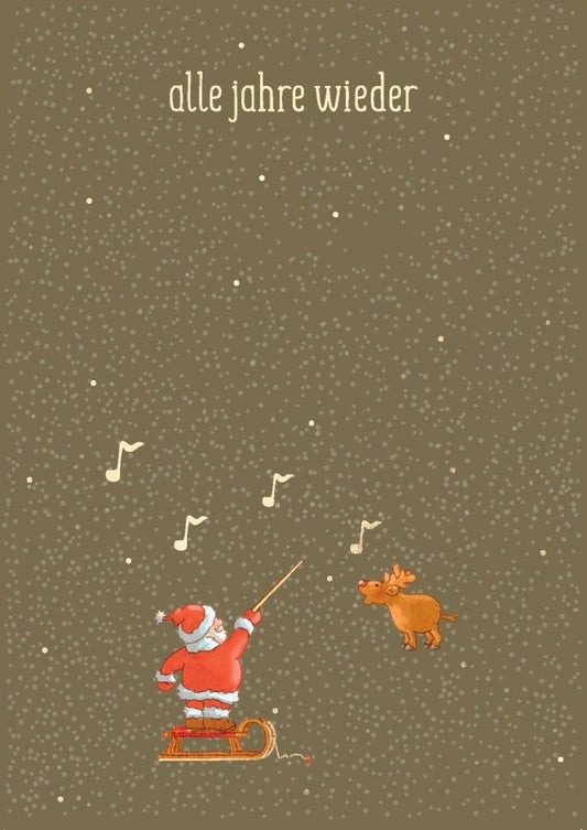 Weihnachtspostkarte mit Goldakzenten: Musiknoten, Schneeflocken & festlicher Weihnachtsmann mit Rentier und Schlitten