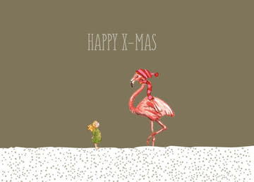 Weihnachtspostkarte mit Goldfolie - Flamingo trifft Engel, Frohe Weihnachten